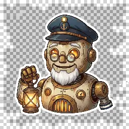 Roger the Hook, the bay's harbormaster — a weathered keeper robot with a lantern and a captain's cap